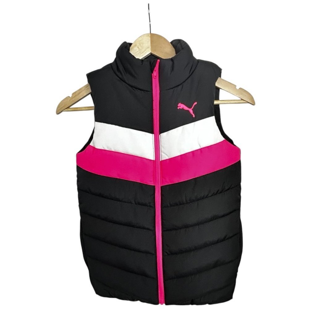 Puma Puffer Girl’s Vest Size S-7/8 Black White &‎ Pink | NWOT